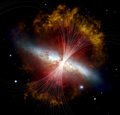 خروج مواد مختلف از طریق یک بزرگراه مغناطیسی از داخل یک کهکشان به شکل سیگار‌‌برگ
